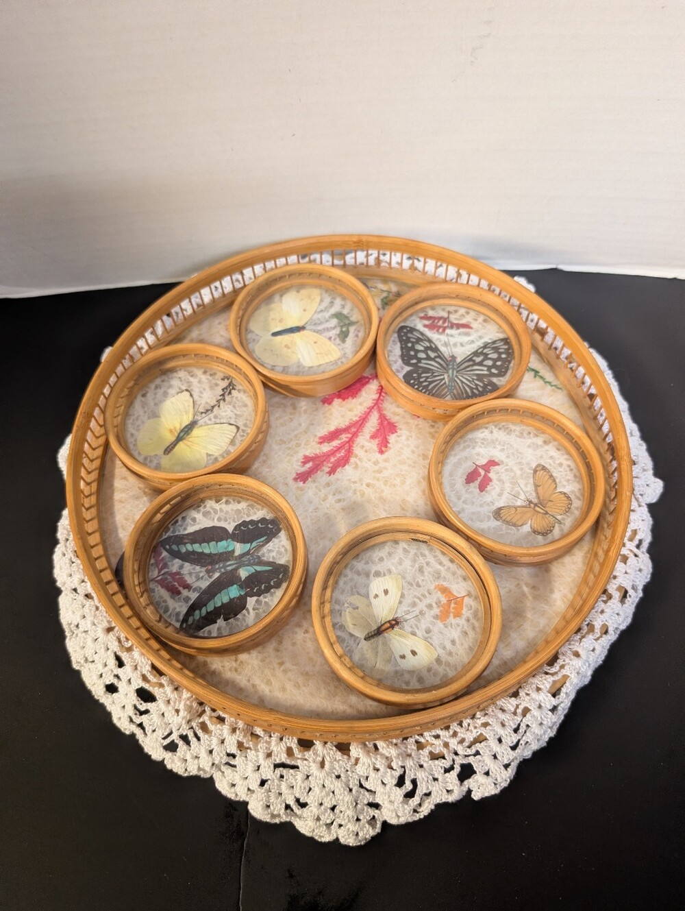 Vintage Bamboo butterfly rattan tray 6 coasters Indoor Outdoor Garden Decor